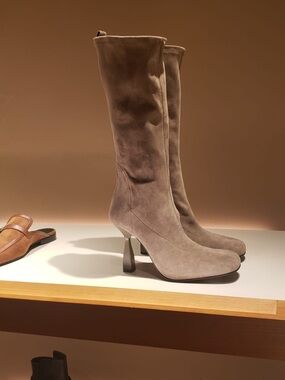 Hermes grey Suede Mid-Calf Boot with Sculpted Heel